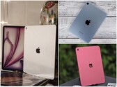 A three-image collage showing a silver iPad with its box, a blue iPad mini on a wooden surface, and a pink iPad outdoors. (Image source: Notebookcheck)