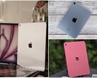 A three-image collage showing a silver iPad with its box, a blue iPad mini on a wooden surface, and a pink iPad outdoors. (Image source: Notebookcheck)