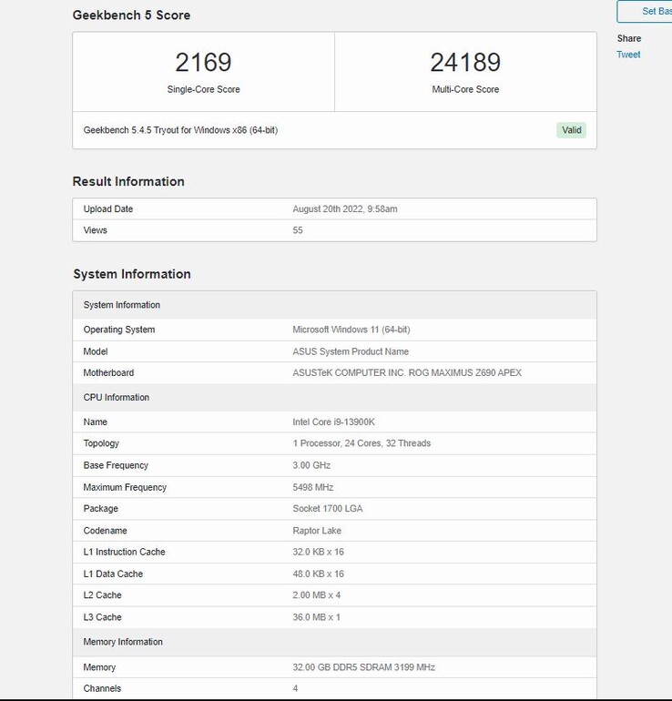 Geekbench 5 entry for the Core i9-13900K. (Source: Geekbench)