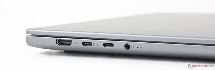Left: HDMI 1.4b, 2x USB-C w/ DisplayPort 1.4 + Power Delivery 3.0, 3.5 mm headset, OneKey Recovery