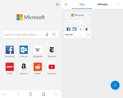 Microsoft Edge beta for Android showing welcome page (left) and tabs page (right). (Source: Own)