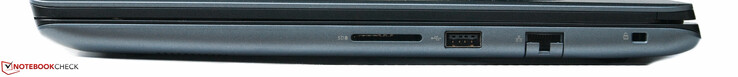 Right-hand side: SD card reader, 1 x USB port, 1 x Ethernet port, Noble security