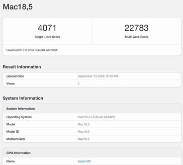 Apple M6 Geekbench 7 result.