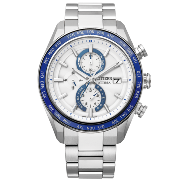 Citizen Attesa chronograph with a white textured dial, blue accents, blue world-time bezel, and stainless-steel-colored Super Titanium bracelet.