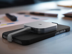 The EX300U starts at $99.99. Pictured: the portable SSD attached on the back of an iPhone. (Image source: Corsair)