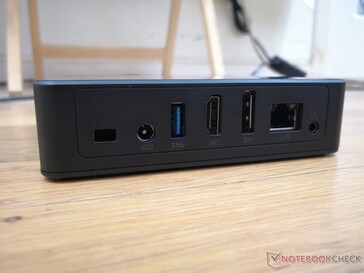 Rear: Kensington Lock, AC adapter, USB-A 3.0, HDMI 1.4, DisplayPort (4K60), Gigabit RJ-45, 3.5 mm audio jack