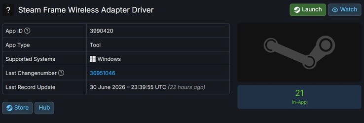 Steam Frame Wireless Adapter Driver listed on SteamDB.