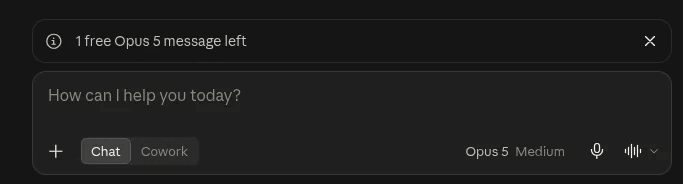 The message counter for 3 message trial of Opus 5 decreases as you interact more with it