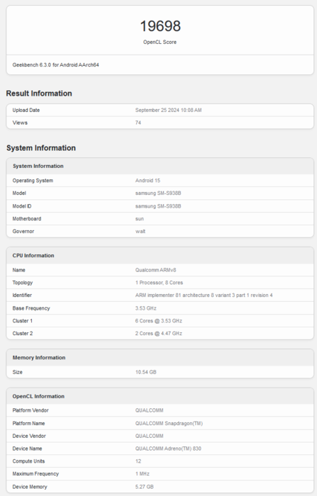 Adreno 830 Geekbench OpenCL performance (image source: Geekbench)