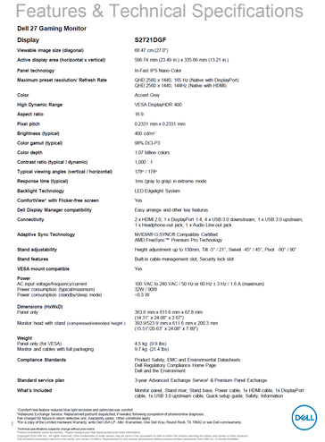 Dell 27 Gaming Monitor S2721DGF - Specifications. (Source: Dell)