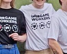 Fired Rockstar employees showcasing T-shirts to support legal battle.