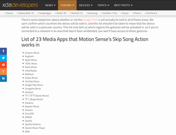 The reported region- and app-specific lists for Motion Sense track-skipping eligibility. (Source: XDA)