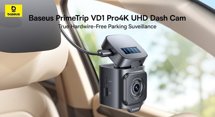 The PrimeTrip VD1 Pro dash cam comes with a solar panel and built-in battery for hardwire-free parking monitoring. (Image source: Baseus)