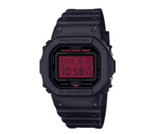 The Casio G Shock DW-5600BBR-1 has a stealthy black aesthetic with red dial design