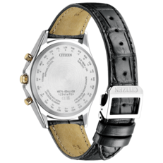 The case back of the Citizen Exceed Mid-Autumn Moon BY1025-17E showcasing UTC scale and city codes and a black crocodile band.