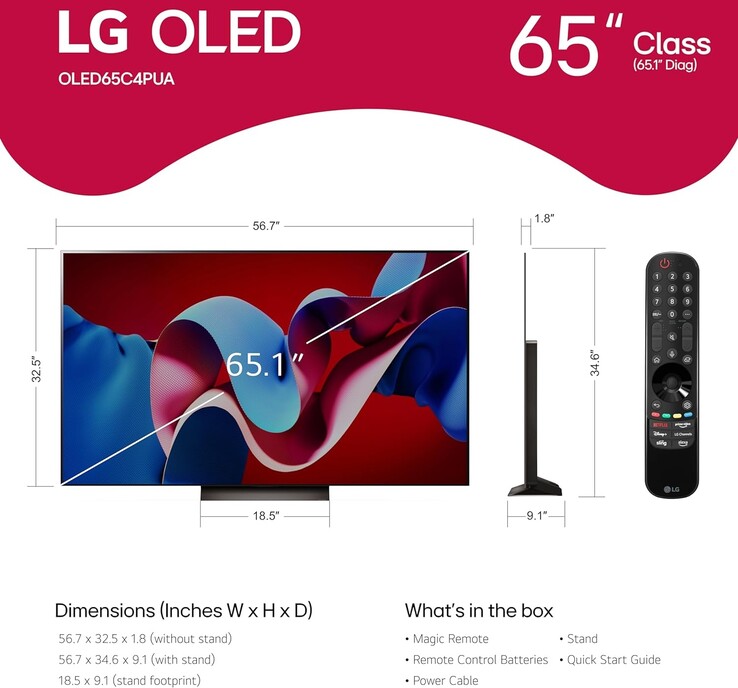 Dimensions of the C4 OLED 65-inch TV (Image source: LG)