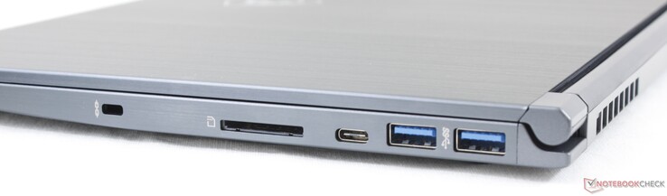Right: Kensington Lock, SD reader, USB Type-C 3.2 Gen. 1, 2x USB 3.2 Gen. 1