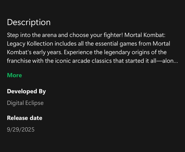 Leaked Xbox app listing for Mortal Kombat: Legacy Kollection reveals a September 29, 2025 release (Image source: u/ByrdofMemes via Imgur, originally shared on Reddit)
