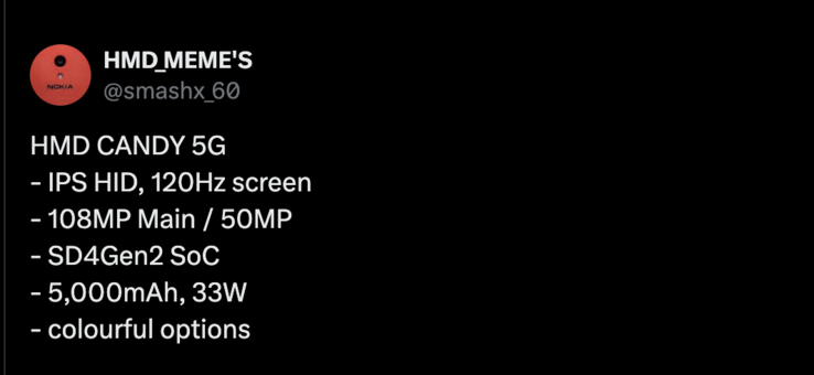 Leaked details of the HMD Candy 5G. (Image source: X)