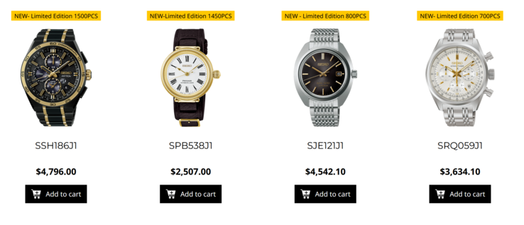 Pictured - product listings for the four Seiko watches with their prices attached alongside in SG$.