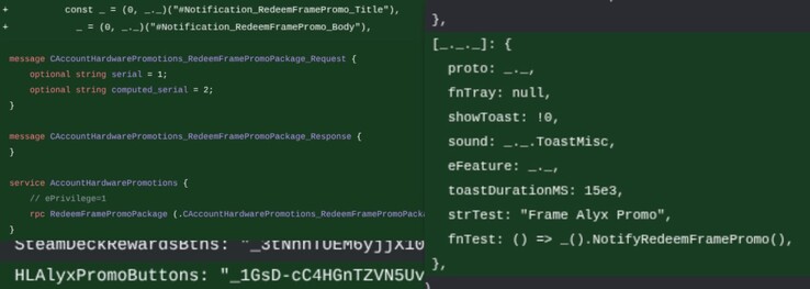 Half-Life Alyx promo in Steam's backend code.