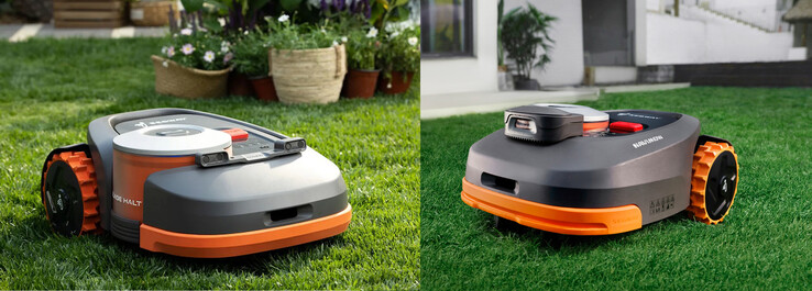 The Segway Navimow without and with the VisionFence Sensor attached, left to right. (Image source: Segway)