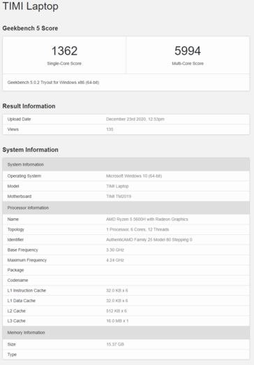 Mi Notebook Pro with AMD Ryzen 5 5600H. (Source: Geekbench)