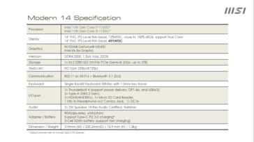 MSI Modern 14 - Specifications (Source: MSI)