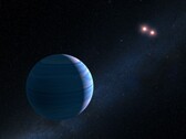 An illustration showing an exoplanet and two red stars.