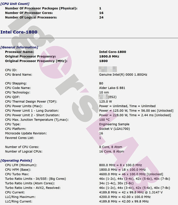 Purported Intel Alder Lake-S Core-1800 ES technical specifications. (Source: Igor'sLAB)