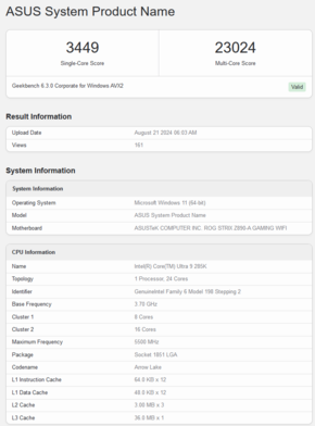 Intel Core Ultra 9 285K Geekbench score (image source: Geekbench)