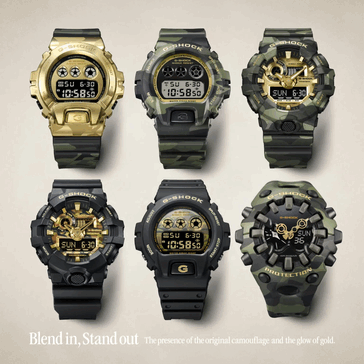 The G-Shock GM-6900CMG-3, the DW-6900CMG-3, the GA-700CMG-3AJF, the GA-700CF-1A, the DW-6900CF-1, and the GA-V01CMG-3A (names starting from top left and going right)