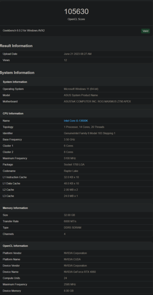 Nvidia GeForce RTX 4060 OpenCL performance (image via Geekbench)