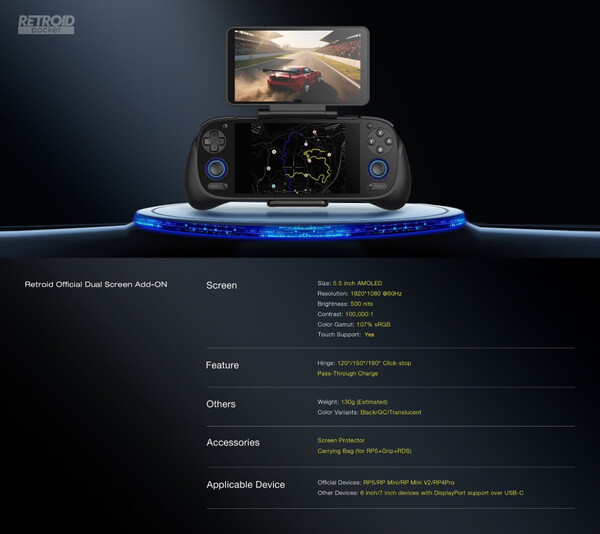 The Retroid Dual Screen Add-on has a touch display and support for passthrough charging. (Image source: Retroid)