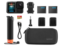The GoPro HERO13 Black accessory bundle contains the camera, the handler, 2 Enduro batteries, 2 curved adhesive mounts, 64GB SanDisk MicroSD card, and a carrying case. (Image source: Amazon)