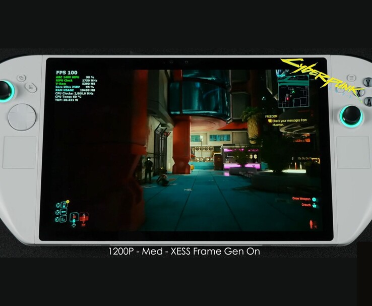 Abxylute 3D One handheld running Cyberpunk 2077 at 1200p Medium settings with XeSS Frame Generation enabled, showing 100 FPS on-screen. (Image source: ETA PRIME via YouTube)
