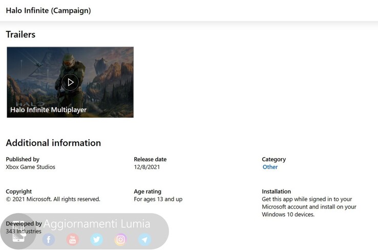 Halo Infinite Microsoft Store listing (image via Aggiornamenti Lumia)