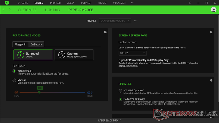 Synapse window for controlling fans, power profile, display refresh rate, and graphics switching