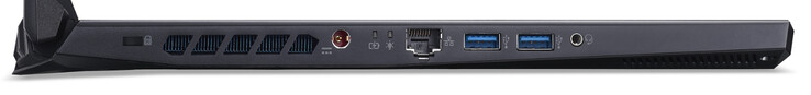 Left side: Kensington lock, power socket, Gigabit Ethernet port, two USB 3.2 Gen 1 (Type-A) ports, combination headphone/microphone jack
