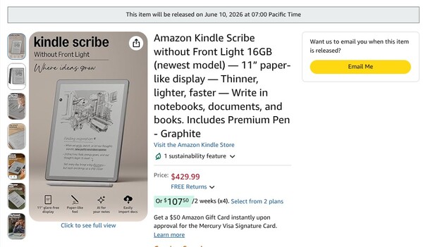 The Kindle Scribe without Front Light has the same release date across regions.