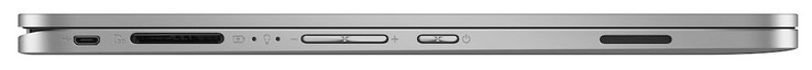 left: USB 2.0 (Micro USB), SD card reader, volume rocker, power button, speaker