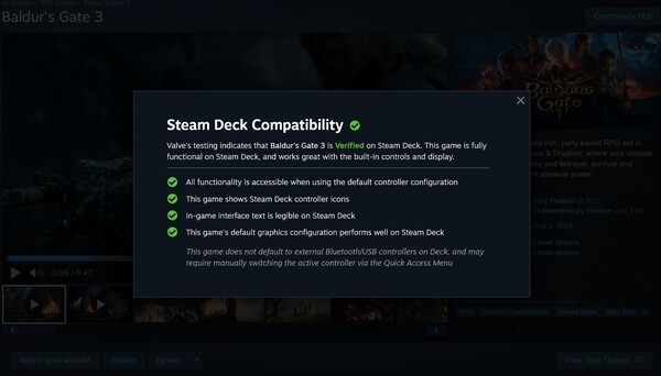 Baldur's Gate 3 Steam Deck verified description (Image source: screenshot, Steam)