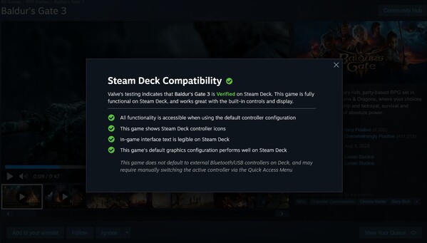 Baldur's Gate 3 Steam Deck verified description (Image source: screenshot, Steam)