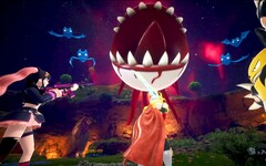 Palworld screenshot showing characters fighting a floating eyeball with sharp teeth