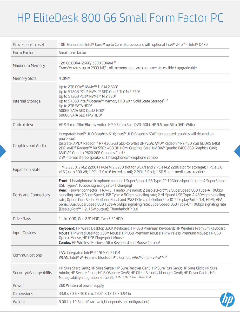 HP EliteDesk 800 G5 Small Form Factor Business PC Specifications