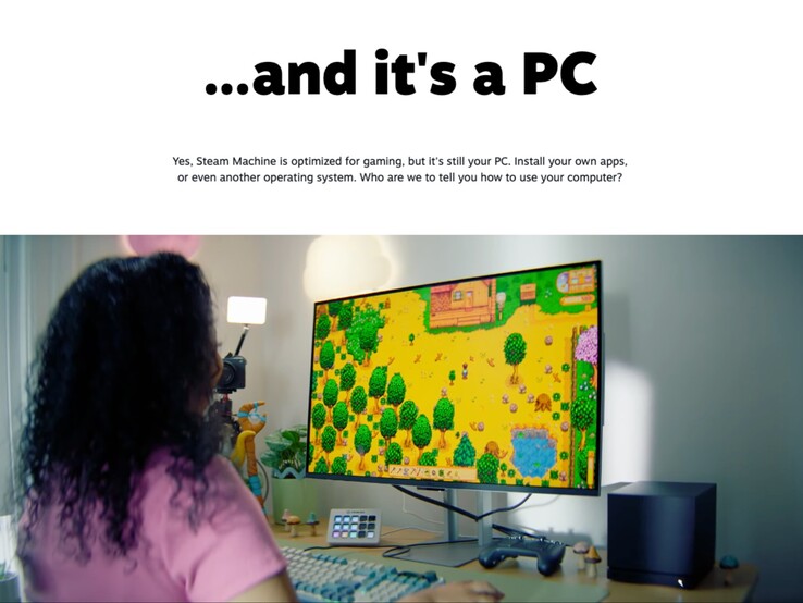 Steam Machine being used to play games, showing Valve branding it as a hybrid device.