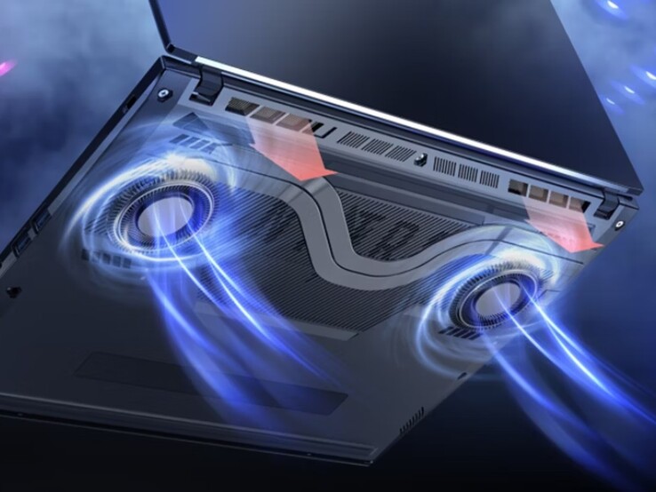 The laptop is equipped with a dual-fan, dual-intake, and dual-exhaust cooling system