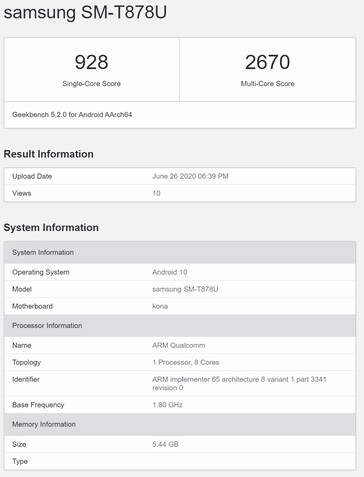 It is unclear what the SM-T878U is. (Image source: Geekbench)