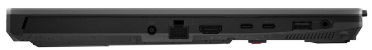 Left side: Power connector, Gigabit Ethernet, HDMI, USB 4 (USB-C; DisplayPort), USB 3.2 Gen 2 (USB-C; Power Delivery, DisplayPort), USB 3.2 Gen 1 (USB-A), audio combo