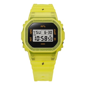 The Casio G-Shock DWE-5600JB-1A9 with a yellow band...